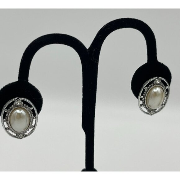 2 Pairs Pierced Earrings Gold Silver Tones Faux Pearls Clear Rhinestones - Picture 3 of 13